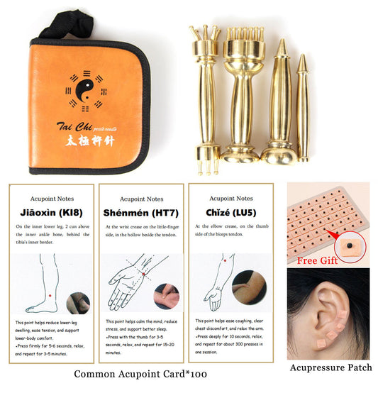 Tai Chi Pestle Needle Guided Relief Kit – 4 Solid Copper Tools with Printed Point Guidance,Ear Patches